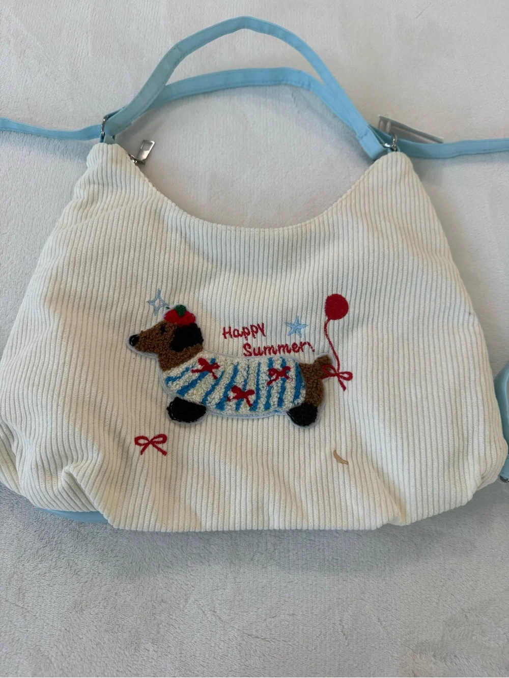 Miniso Dachshund Corduroy Hand Bag Purse Backpack “Happy Summer” NEW